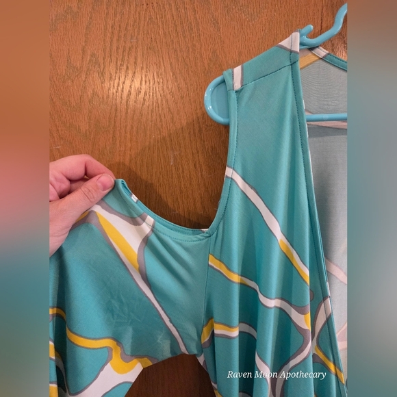 Teal and Yellow Abstract Wrap Dress - Picture 3 of 10